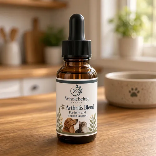 Arthritis Blend bottle on a kitchen bench beside a pet bowl
