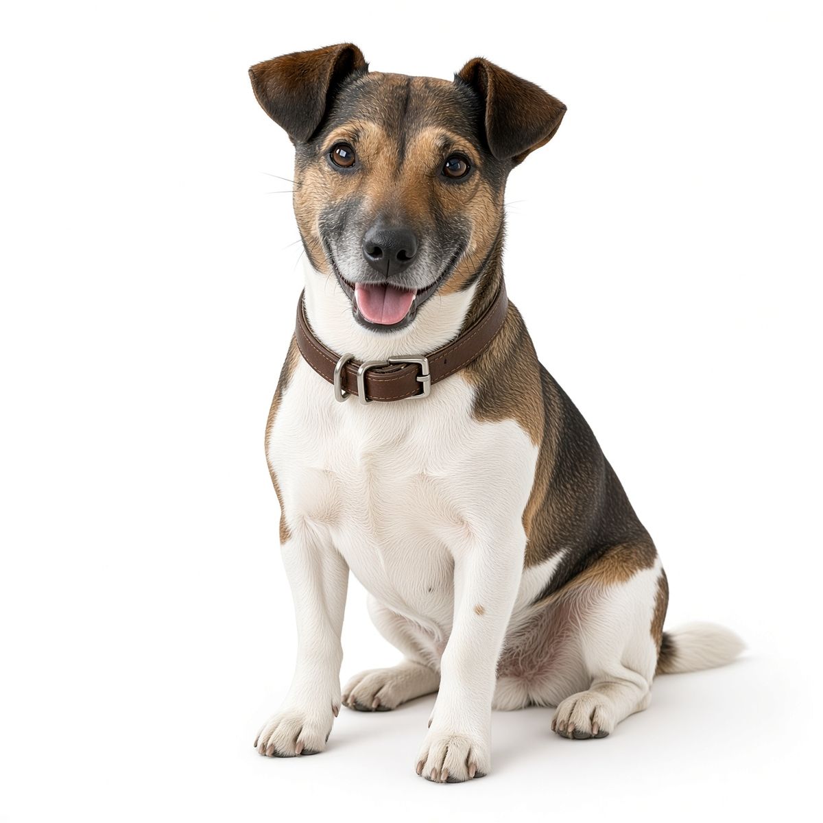 Harry, our Fox Terrier, sitting and looking at the camera
